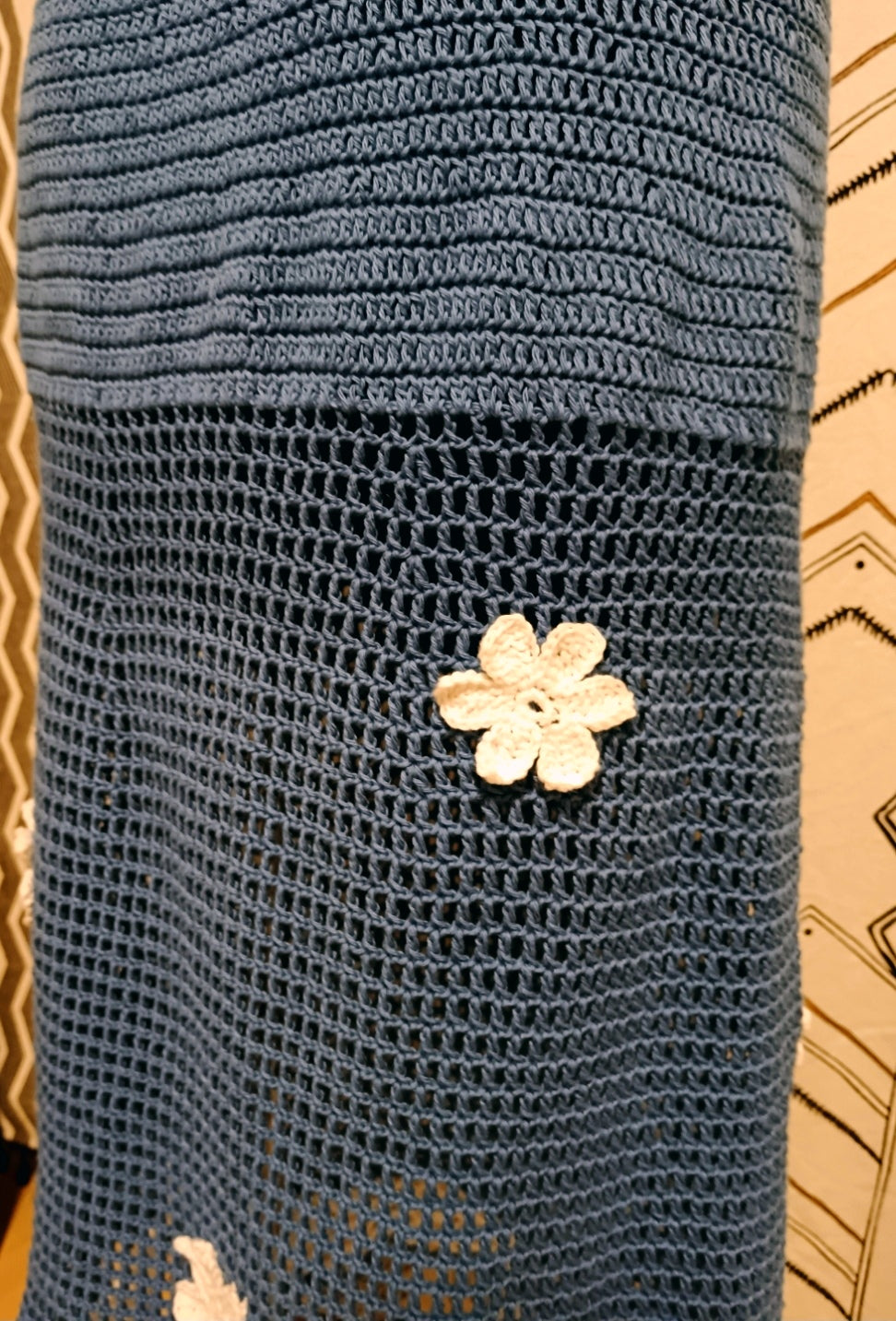 Handmade Cotton Crochet Long Skirt in white and blue with light blossom flowers size S