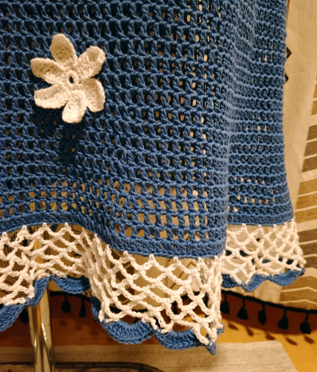 Handmade Cotton Crochet Long Skirt in white and blue with light blossom flowers size S