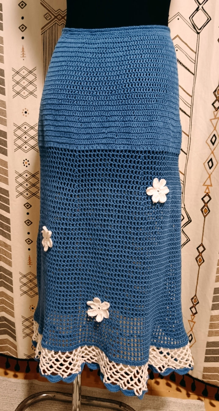 Handmade Cotton Crochet Long Skirt in white and blue with light blossom flowers size S