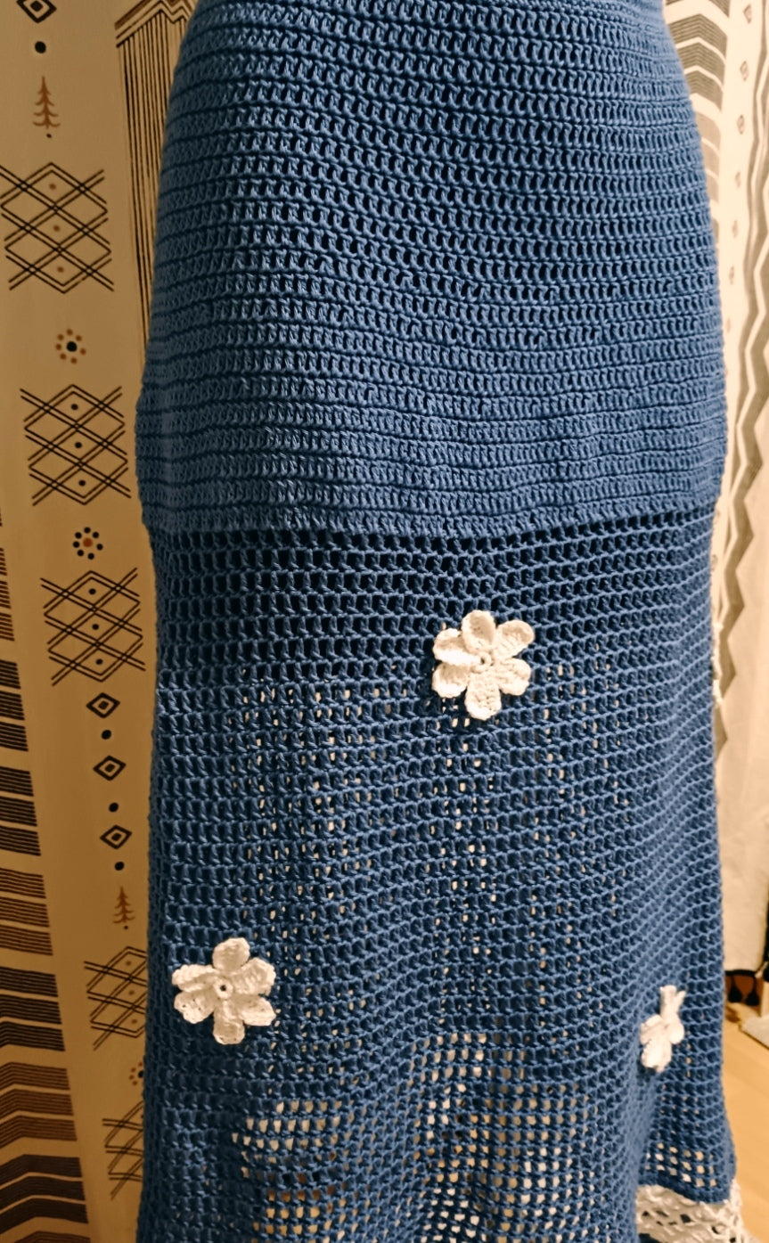 Handmade Cotton Crochet Long Skirt in white and blue with light blossom flowers size S