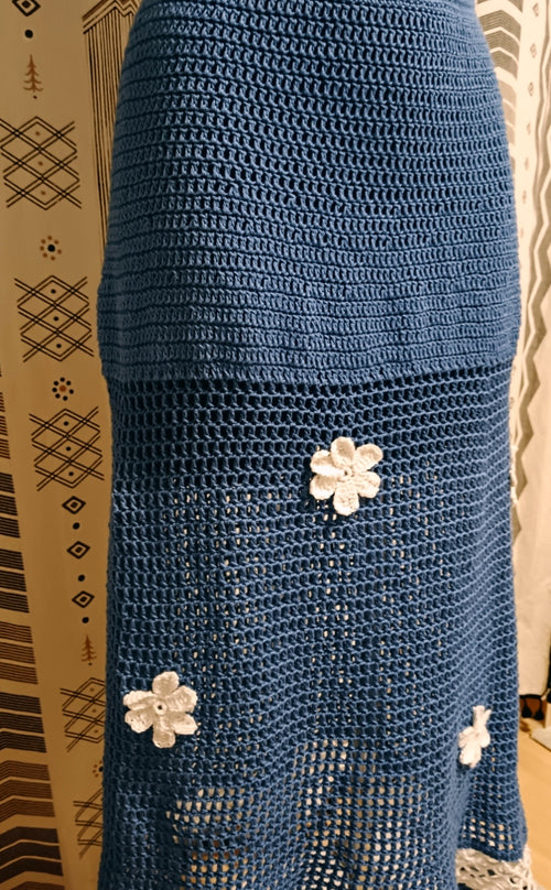 Handmade Cotton Crochet Long Skirt in white and blue with light blossom flowers size S