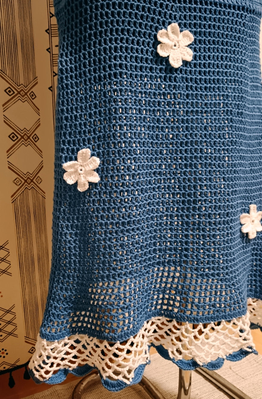 Handmade Cotton Crochet Long Skirt in white and blue with light blossom flowers size S