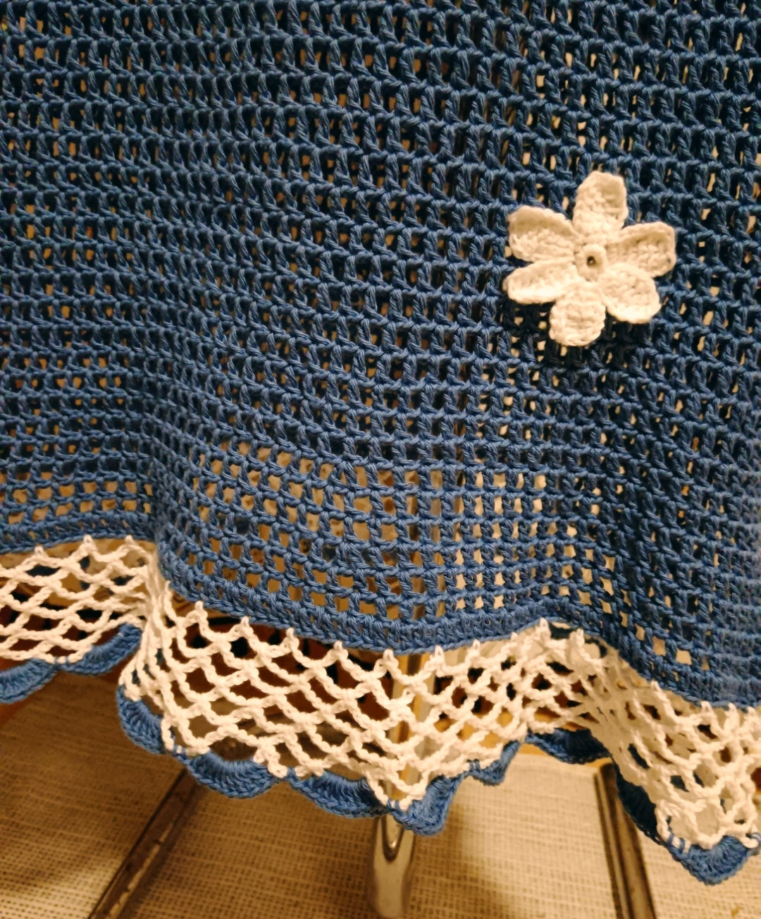 Handmade Cotton Crochet Long Skirt in white and blue with light blossom flowers size S