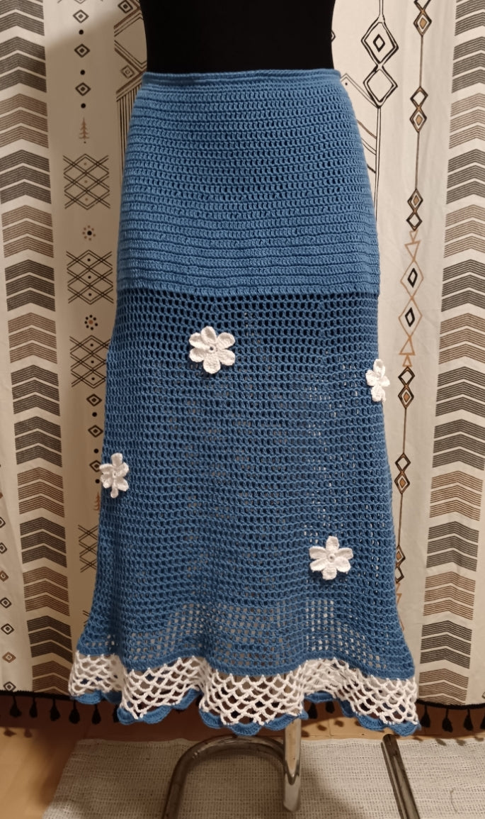 Handmade Cotton Crochet Long Skirt in white and blue with light blossom flowers size S